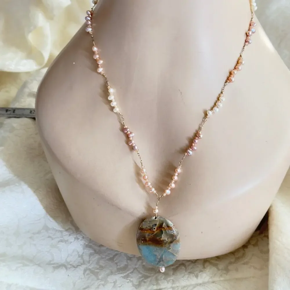 26” Fresh Water Pearls Copper Wire Ocean Jasper Necklace Estate Find Pink Gray